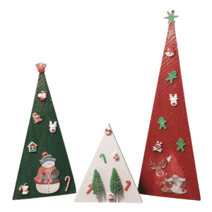 Handcrafted wooden mini Christmas trees with colorful figurines by Woodcraft Spectrum – Holiday gifts