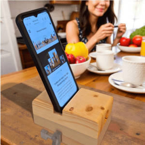 Rustic handmade wooden phone stand with natural sound amplifier – Eco-friendly desk accessory