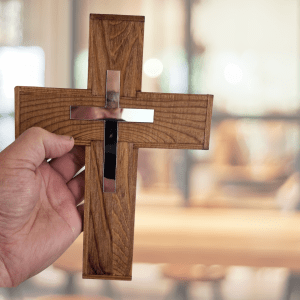 Wall-mounted wooden cross with silver accent for elegance and spirituality – Handmade gift